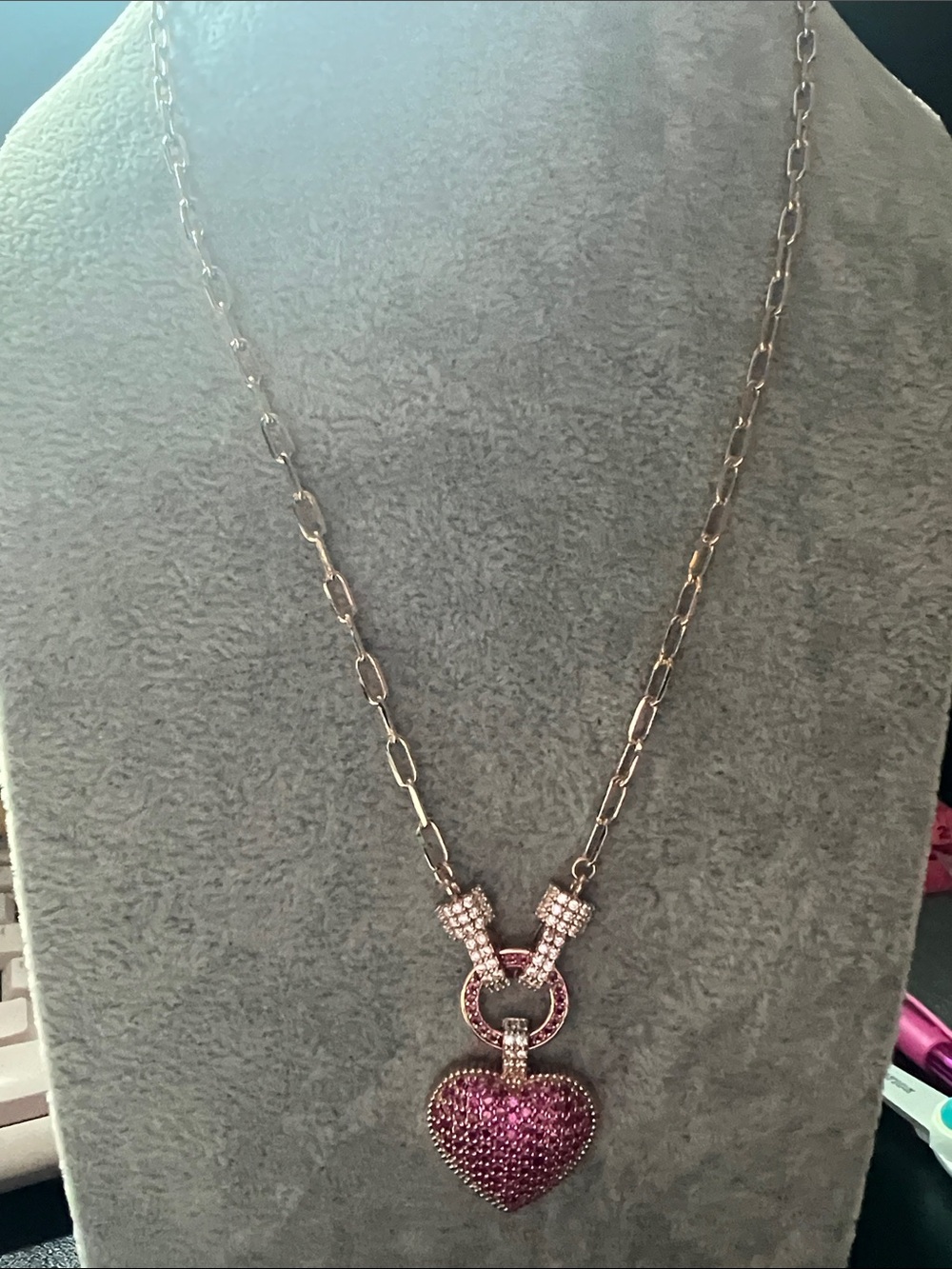 Pink Pavé Heart Pendant Necklace in Rose Gold Tone